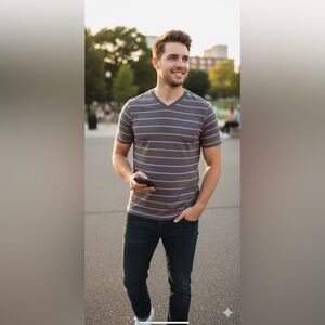 Gap Mens  shirt Small Everyday Quotidien grey w/pink orange stripes short sleeve